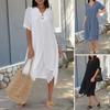 Women Casual Dress V-Neck Short Sleeve Buttons Decor Midi Dress Solid Color Irregular Hem Fake Pieces Dress