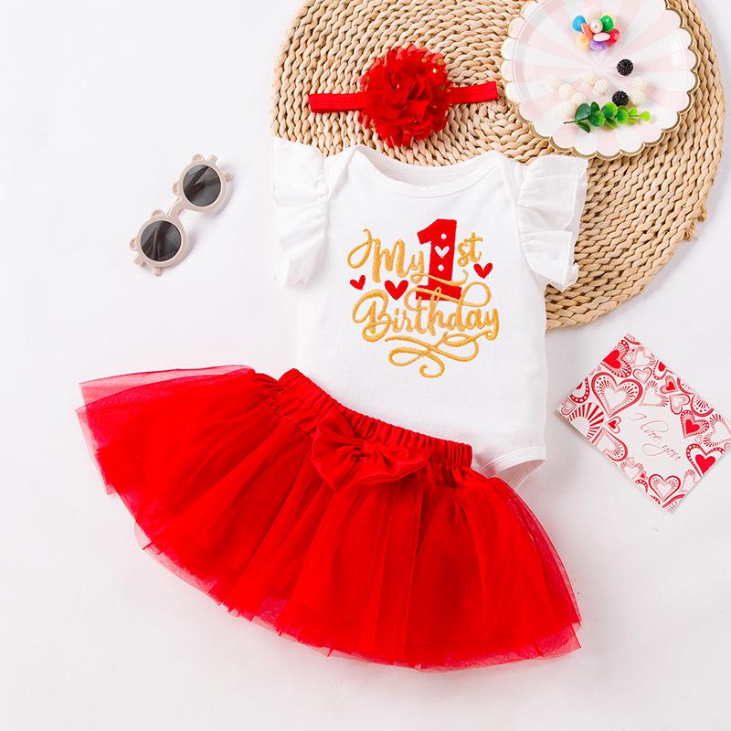 Комплект платьев на первый день рождения корейской девочки: Летняя юбка из вышитой сетки с рукавами-крылышками и аксессуарами для волос