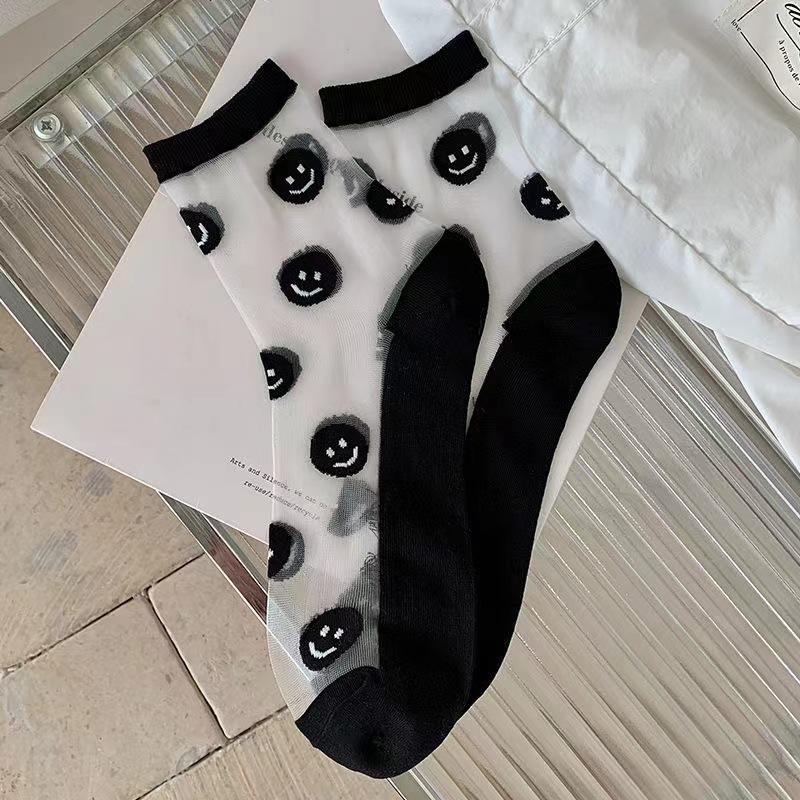 Тонкие прозрачные носки из стекловолокна для весны и лета, женские носки до середины икры, улыбающиеся, милые и дышащие хлопковые носки для студенческих ног