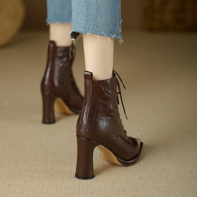 Fashion 2024 Autumn Women Boots Square Toe High Heel Women Leather Shoes Women Suede Ankle Boots Winter Solid Elegant Modern Boots