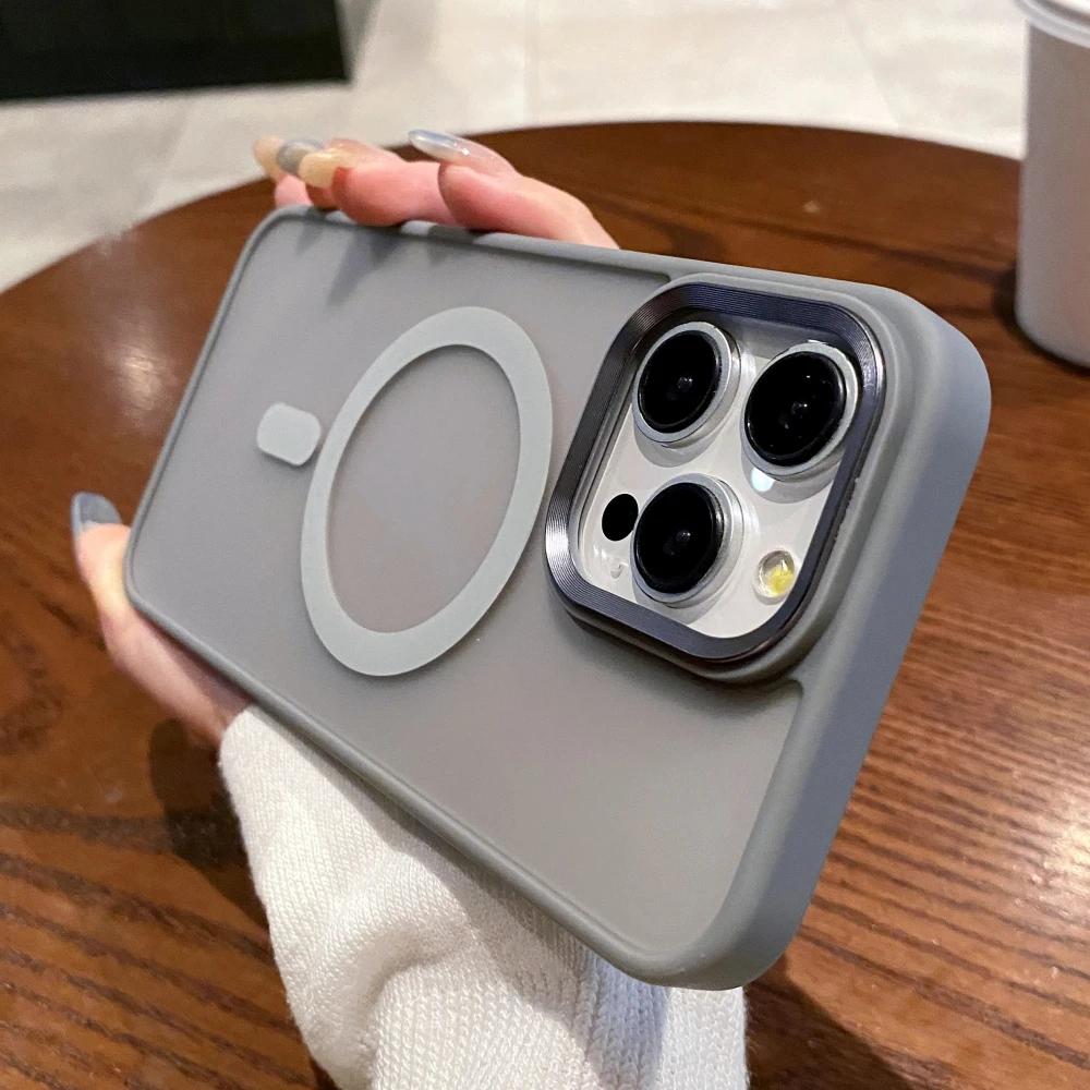 Матовый противоударный магнитный чехол для телефона для iPhone 15 14 13 12 11 Pro Max Plus для Magsafe с беспроводной зарядкой, металлическое кольцо для камеры