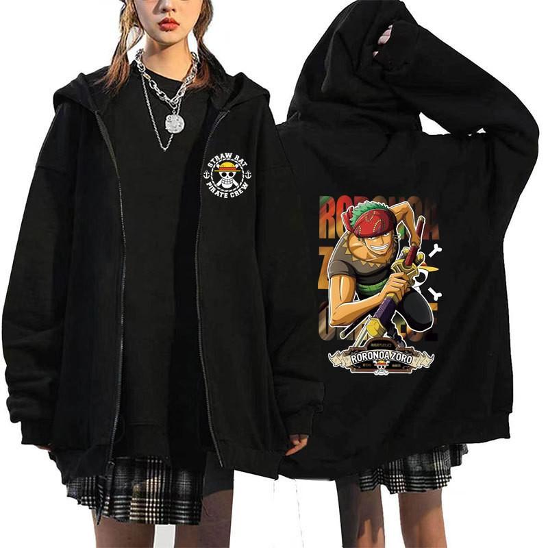 Mens Oversized Hooded Zip-Up Sweatshirt With One Piece Anime Print Plus Size Fleece-Lined Casual Jacket Fall