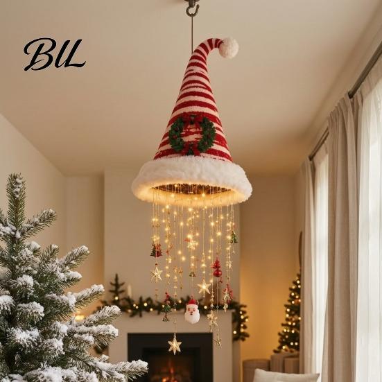 DIY Christmas Ceiling Pendant Light?Up Santa Hat Hanging Chandelier Kit, Warm LED String Lights Outdoor Porch Holiday Decor with Star Tassel, Indoor