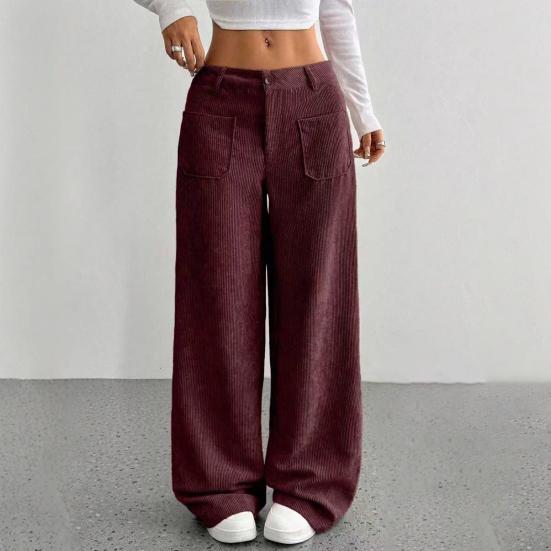 Women Pants Button Zipper Closure Straight Wide Leg Trousers with Pockets Solid Color Loose Fit Lounge Pants Daily