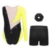 Girls Rhinestone Color Block Asymmetrical Leotard Round Neck Gymnastics Skating Outfit Set