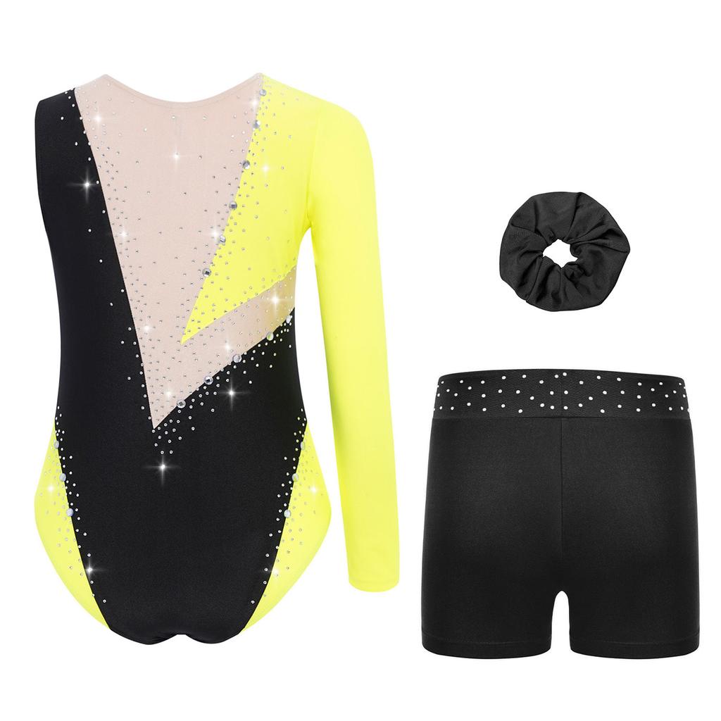 Girls Rhinestone Color Block Asymmetrical Leotard Round Neck Gymnastics Skating Outfit Set