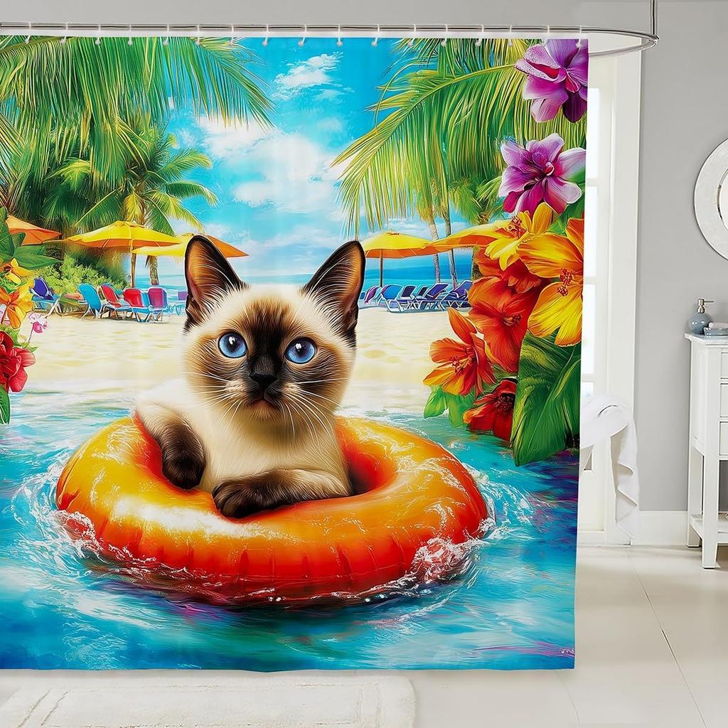 Милые Кошки Шторка для Душа для Детей Девочек Подростков Синяя Цветочная Зеленые Листья Аксессуары для Ванной Комнаты Дом Сад Домашние Животные Животные Рустик Ванная