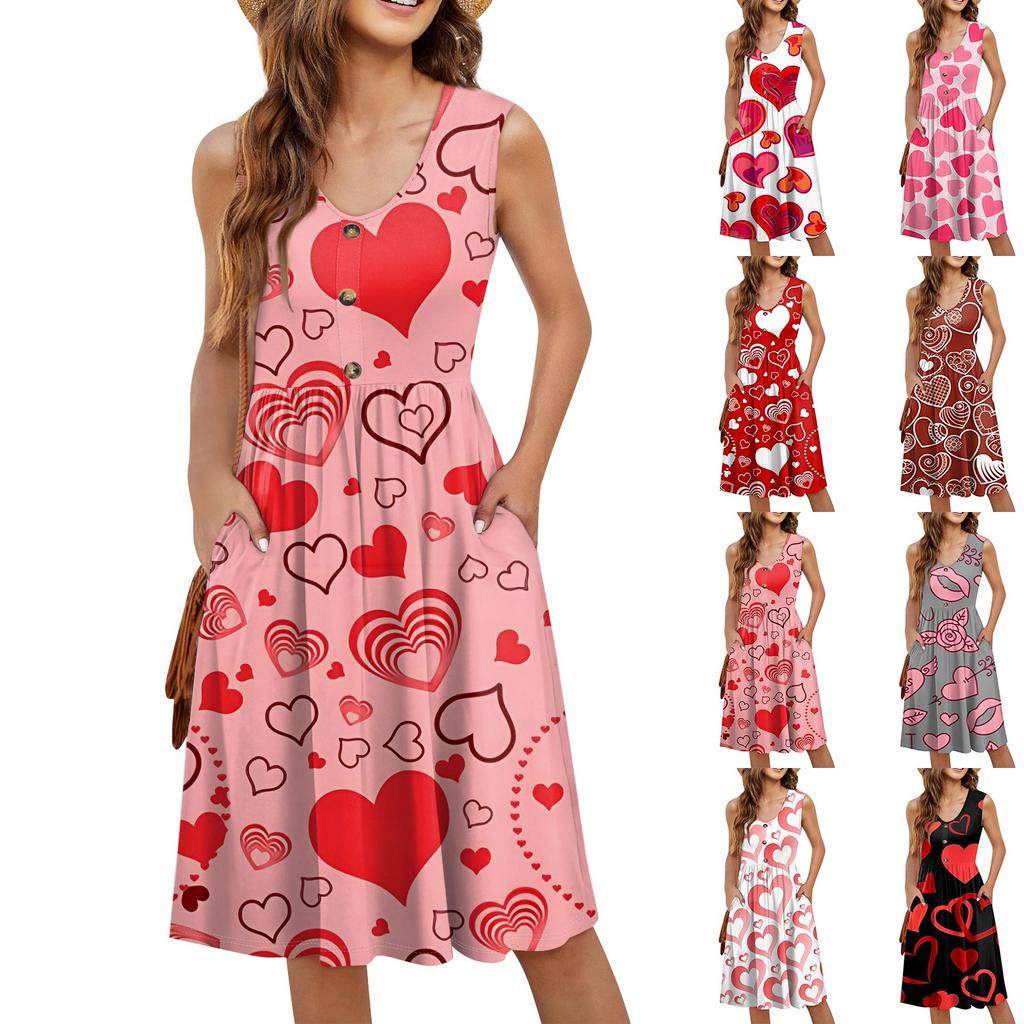 Women's Casual Fashion Sexy V-Neck Button Decoration Sleeveless Valentine's Day Tunic Dress