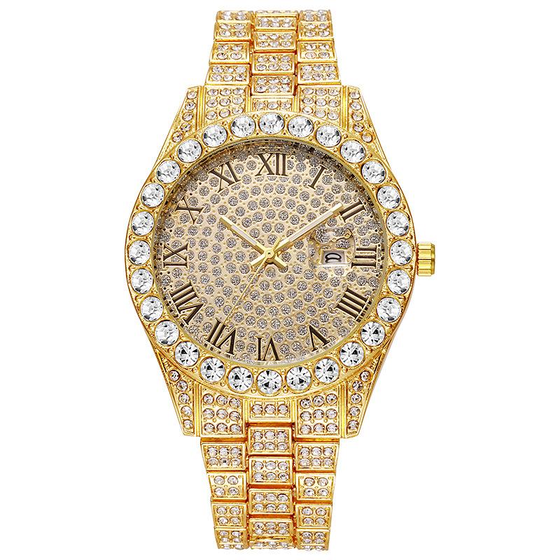 European and American popular men's steel belt hip-hop Roman scale diamond calendar men's quartz watch
