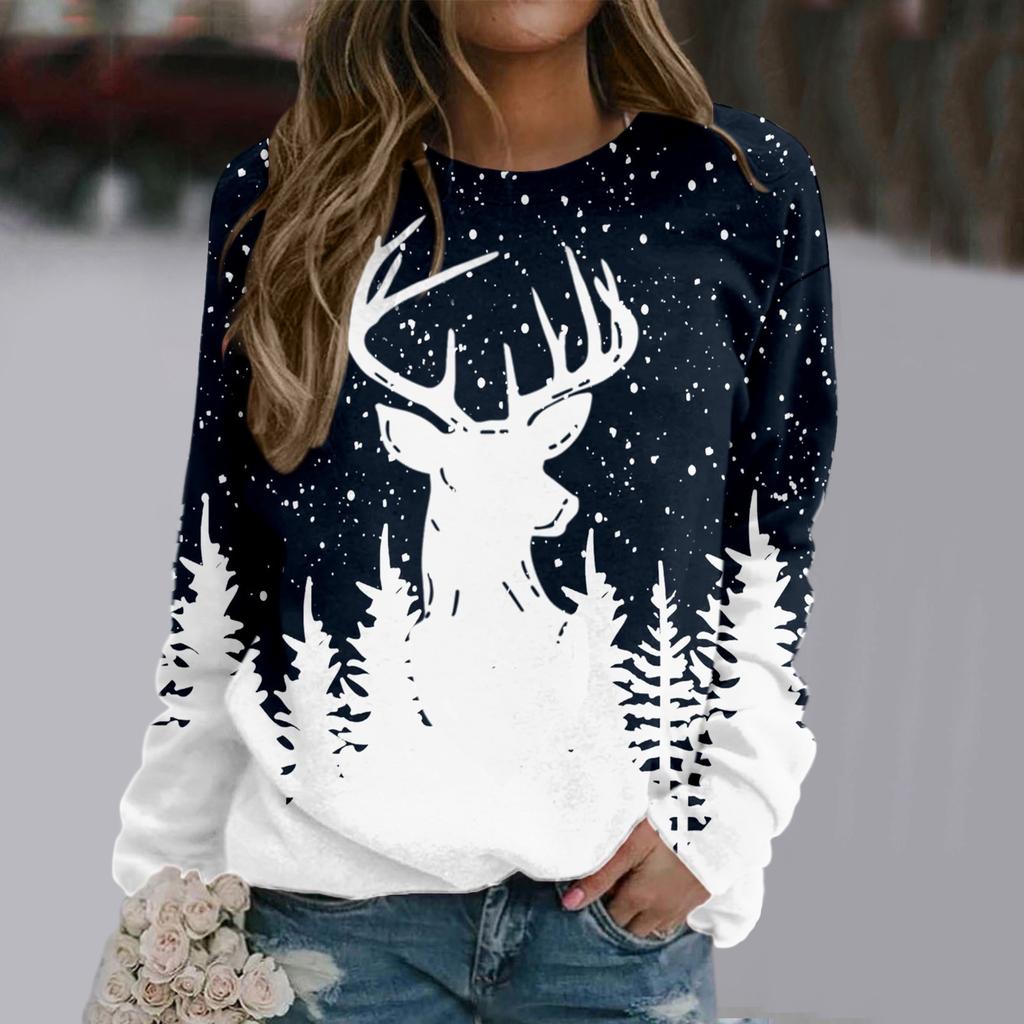 Женская повседневная рождественская печатная толстовка, уличные спортивные костюмы, снежный рождественский олень, длинный рукав, блузка с принтом O-образного выреза