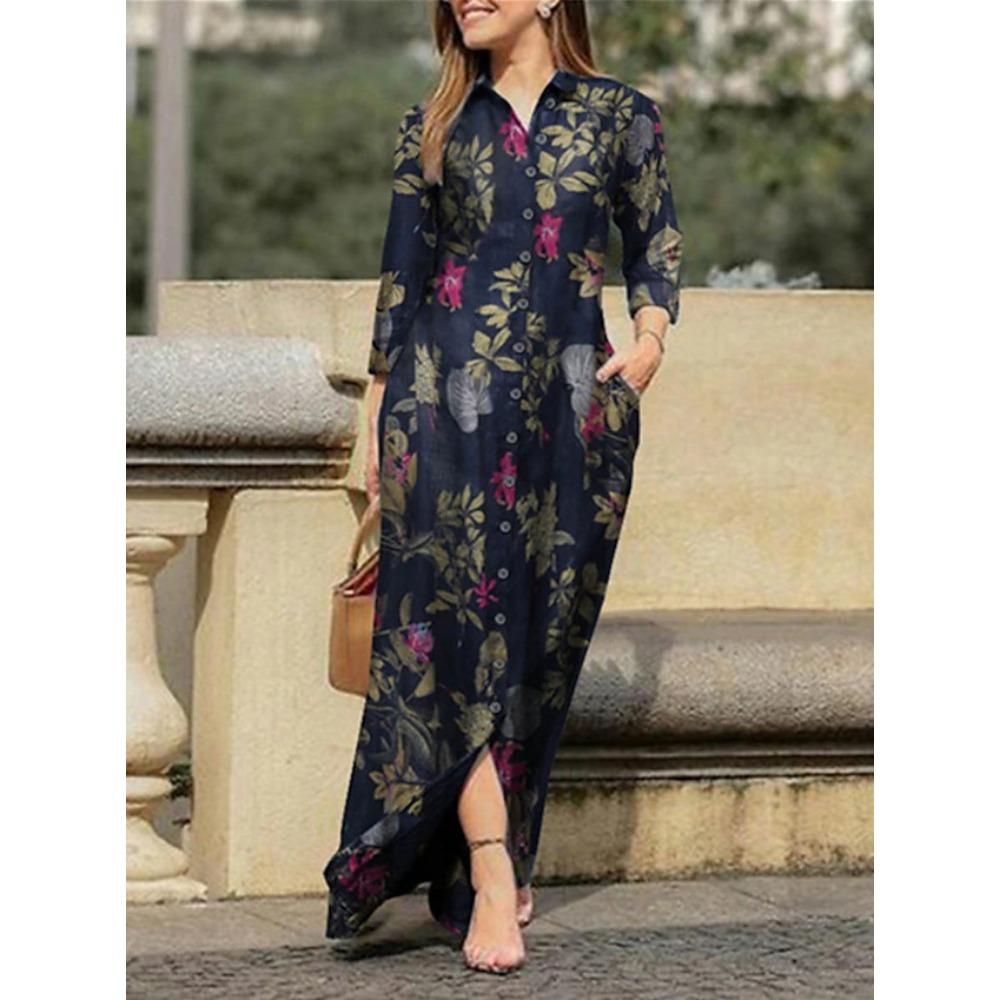 BITCED Женская мода осень-зима цветочный принт длинный рукав поло-воротник повседневные платья