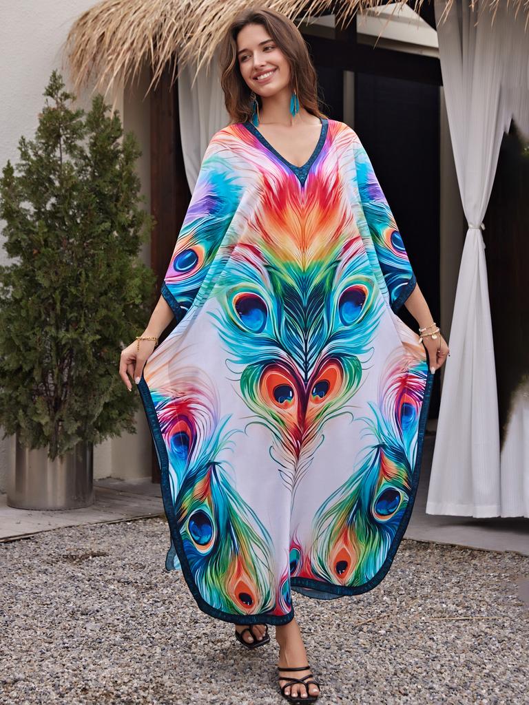 Printed Beach Dresses Viscose Kaftans for Women Summer Plus Size Loose Robe Holiday Living Room Bathing Suits