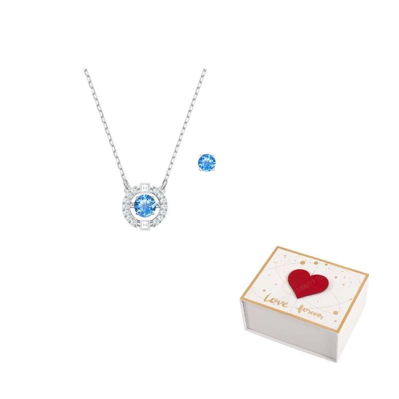 Swarovski Набор серег-обручей и ожерелье для женщин, синий/позолоченный белый