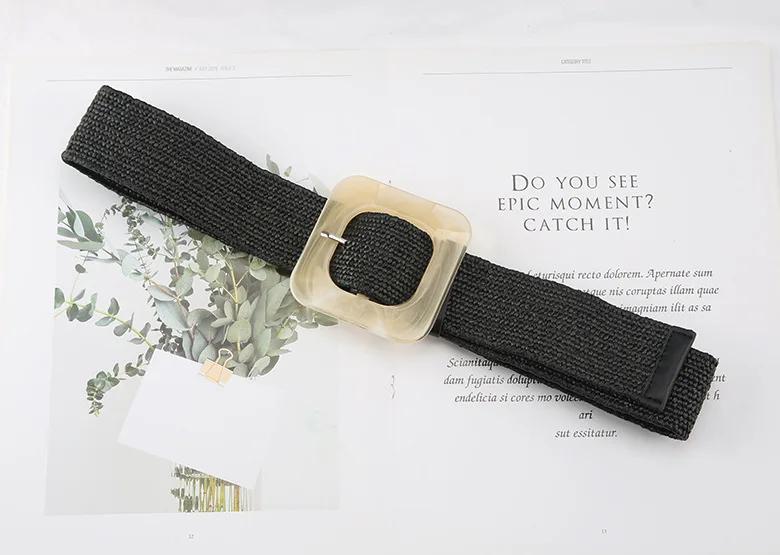 New PP grass woven belt women's retro cotton and hemp ethnic dress with waist closure square buckle decorative belt
