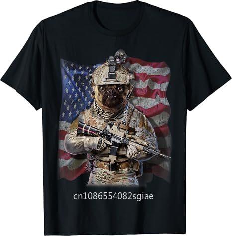 USA America Patriot Grumpy Pug Dog as Army Commando T-Shirt Men Cotton O-neck Tshirt Hip Hop Tees Streetwear Harajuku