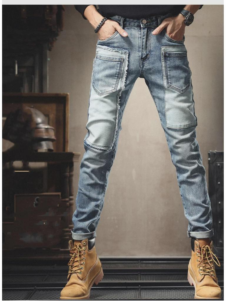 Модные мужские джинсы облегающего кроя в стиле пэчворк с множеством карманов и эластичной тканью для осени и зимы.