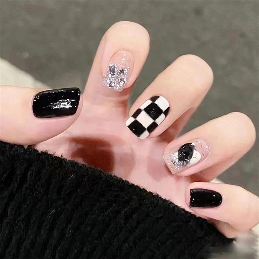 24Pcs French Long Ballet Square Fake Nails Handmade Removable Press On Acrylic Nail Art Tips