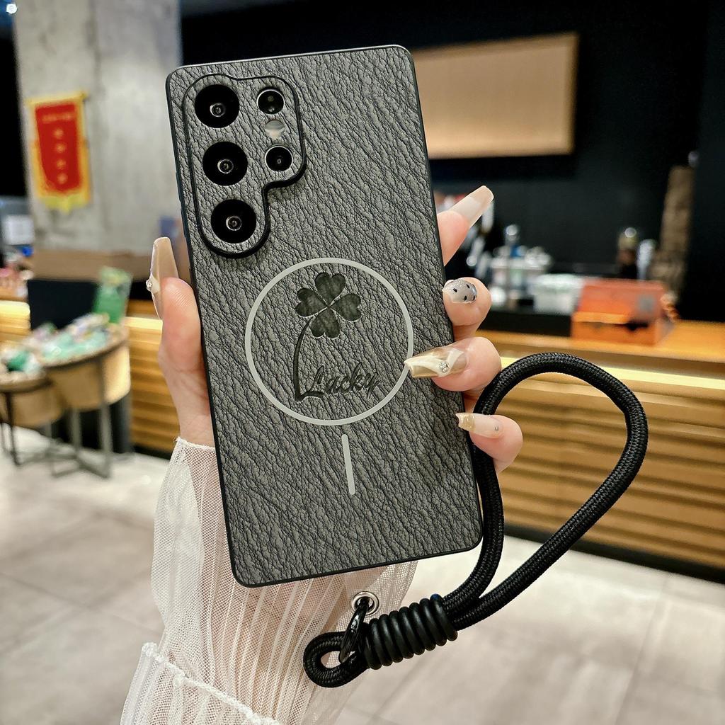 Samsung S25ULTRA Кожаный Магнитный Чехол-Книжка с Четырехлистником - Совместим с S24FE/S23p, Полное Покрытие, Защита от Падений.