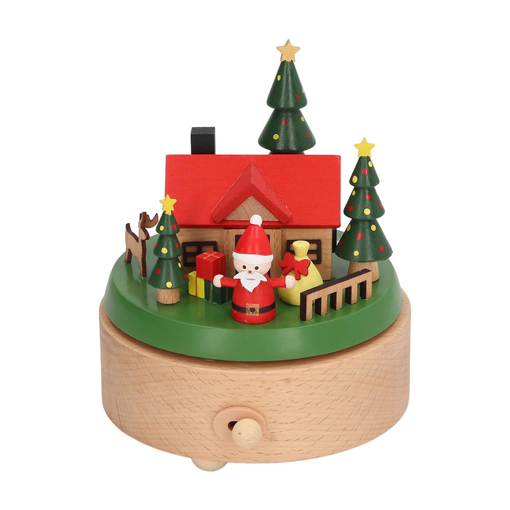 Wooden Rotating Music Box Round Bottom Santa House Christmas Music Box for Decoration Wooden Round