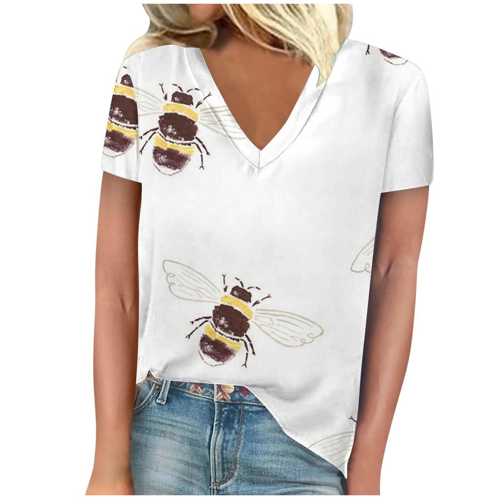 Винтажная женская футболка с принтом пчелы, с коротким рукавом, с V-образным вырезом, удобные футболки