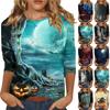 Women's Fashion Casual Round Neck 3/4 Sleeve Loose Halloween Printed T-Shirt Ladies Top