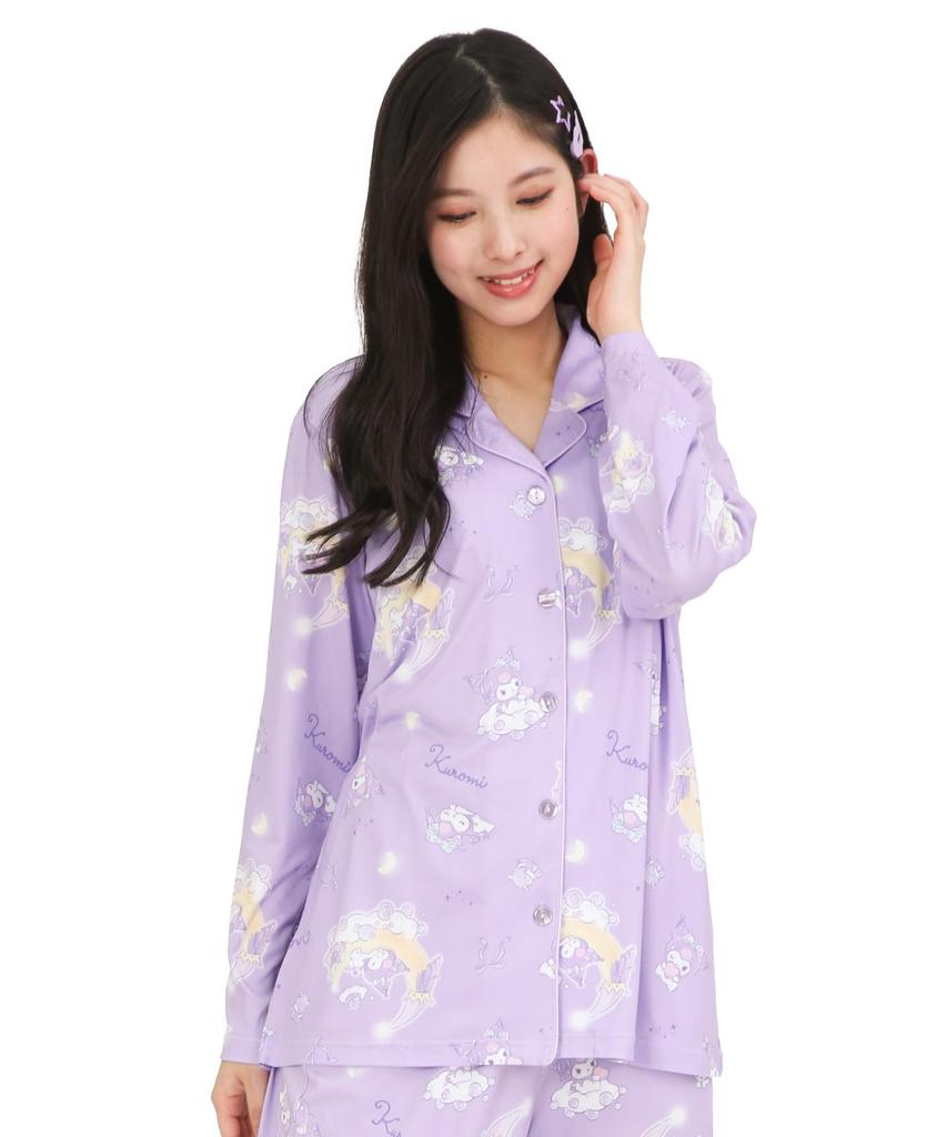 SAZAC Kuromi Shirt Powder Long Sleeve and Pants Loungewear Pajamas, Stretch, Women's, Set, (Purple/M/SAN1908)