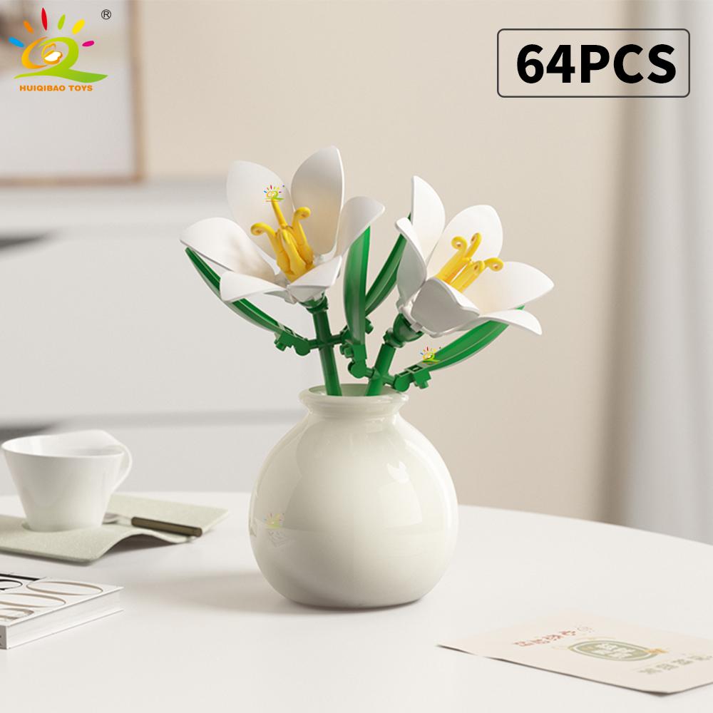 Huiqibao Moc Flower With Vase Model Building Block Diy Eternal Bouquet Home Desk Desk Plant Decor Brick Girl Gift Children Toy