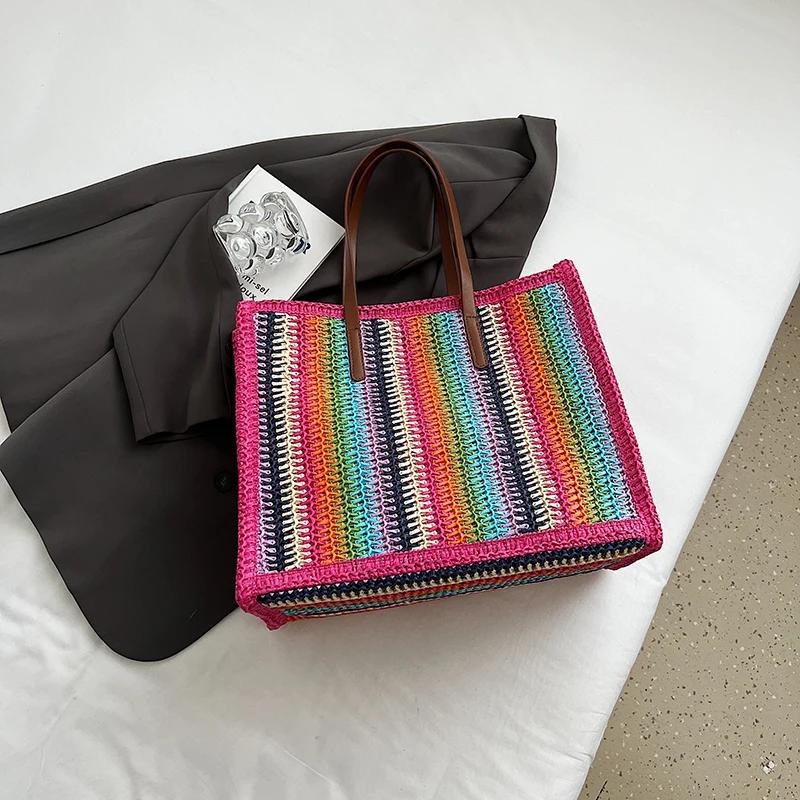 Striped Women's Beach Bag Large Capacity Feminine Shopper Straw Bag Shoulder Bag Travel Designer Summer New