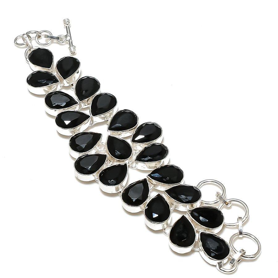 Black Spinel Pear Shape Gemstone Bracelet Adjustable Link Handmade Jewelry 8"