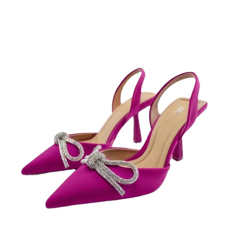 Черные женские модные туфли-лодочки на высоком каблуке с бантом, заостренные сандалии на каблуке, женские туфли-лодочки, элегантные туфли-лодочки, розово-синие вечерние туфли на каблуке