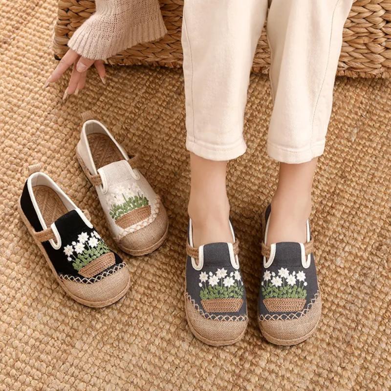 Johnature Женские туфли на плоской подошве в этническом стиле из хлопка и льна с круглым носком, вышитые вручную