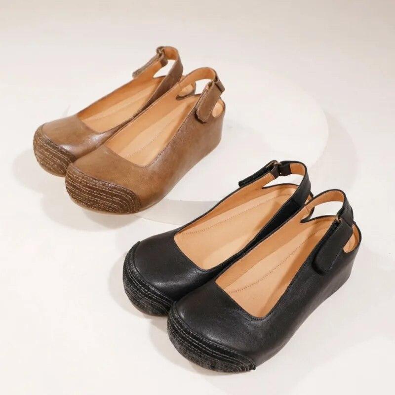 Johnature Сандалии на танкетке из натуральной кожи в стиле ретро. Удобная женская обувь с круглым носком на мягкой подошве.