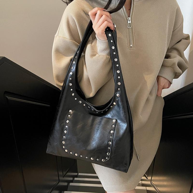 Женская ретро сумка-тоут с заклепками, однотонная, для поездок на работу, путешествий, шопинга, универсальная, большой вместимости, на плечо, CLE