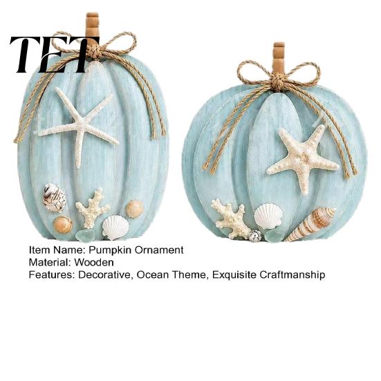 Seasonal Entryway Table Decor 2Pcs 2D Flat Coastal Pumpkin Ornaments, Wooden Ocean Theme Tabletop Unique Fall with Starfish Shells Decoration & Shell
