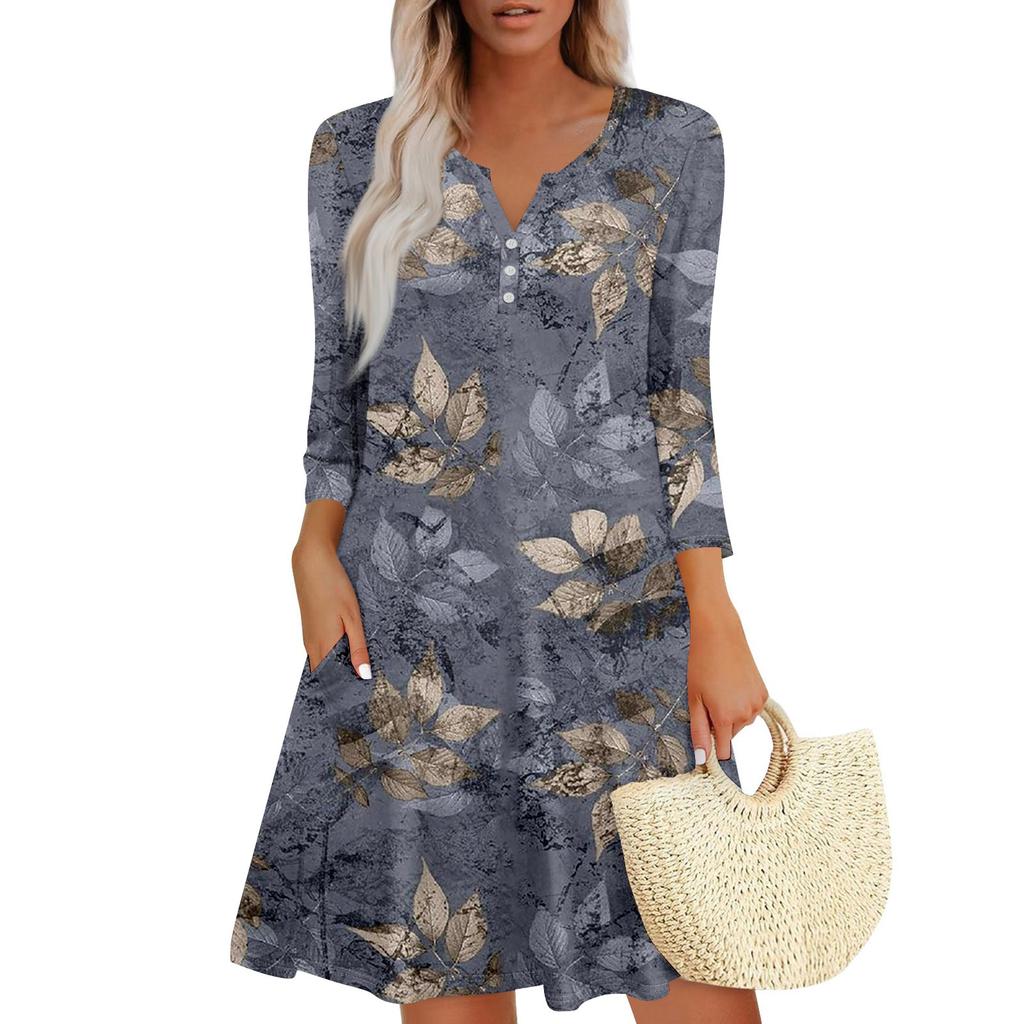 Женское летнее платье, свободное платье с V-образным вырезом, рукавом три четверти и карманами