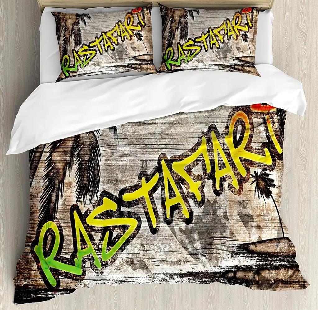Комплект пододеяльника Раста, Лев Флаг Растафари Джунгли Регги Постельное белье Арт Красочный Культурный Фольклорный Принт Комплект пододеяльника