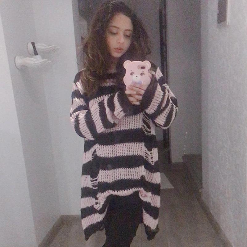 Women Gothic Punk Plus Size Long Sweaters Striped Character Cool Hollow Out Hole Broken Jumpers Pullover Knit Sweater