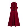 Kaslead New Arrival Women's Fashion Style Fashion Minimalist Texture Lapel and Waist Tight Sleeveless Dress