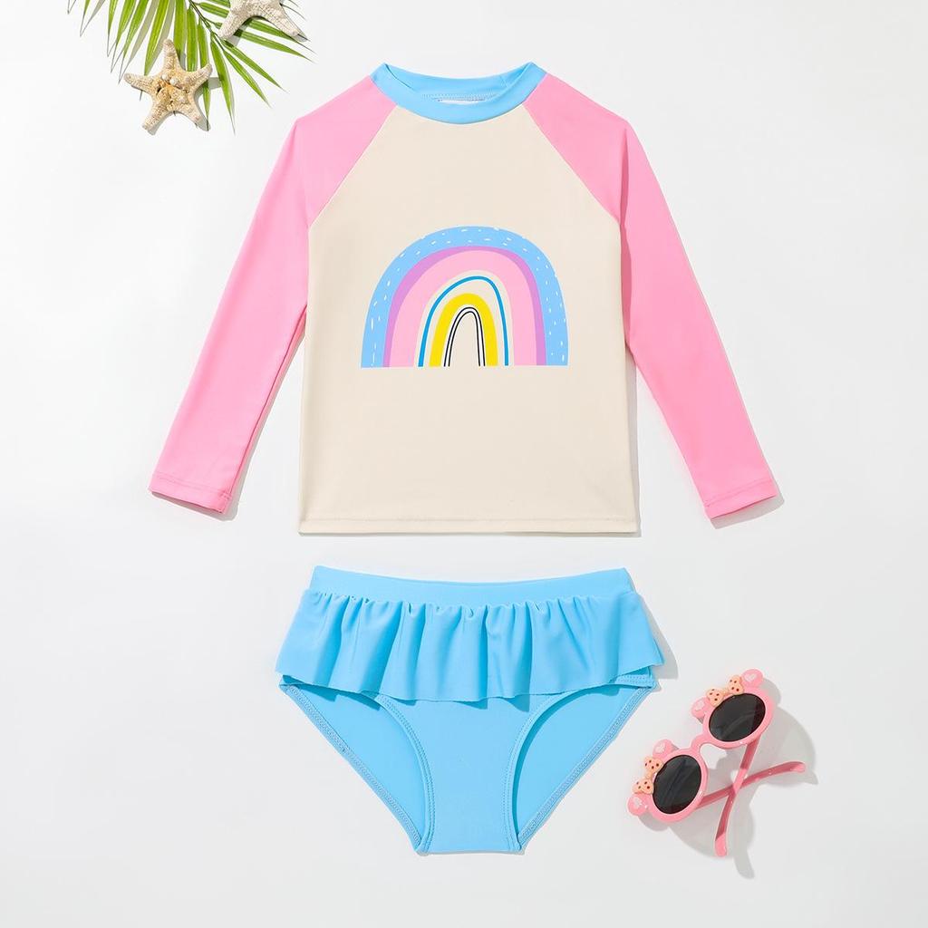 Комплект купальника с длинным рукавом для девочек «Радуга» - Защита от солнца, Лето 2025
