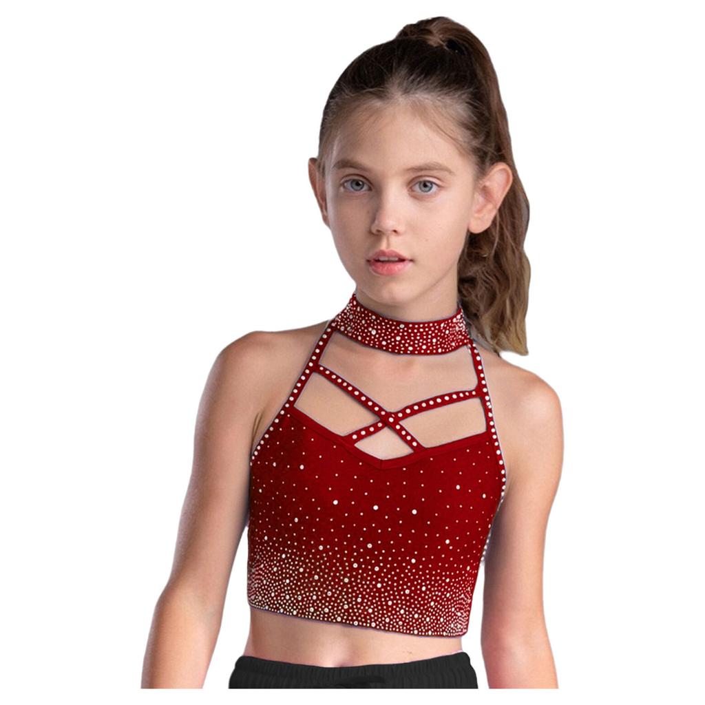 Girls Gymnastics Crop Top Halter Neck with Sparkling Rhinestones Cross Front Backless Dance Performance Costume
