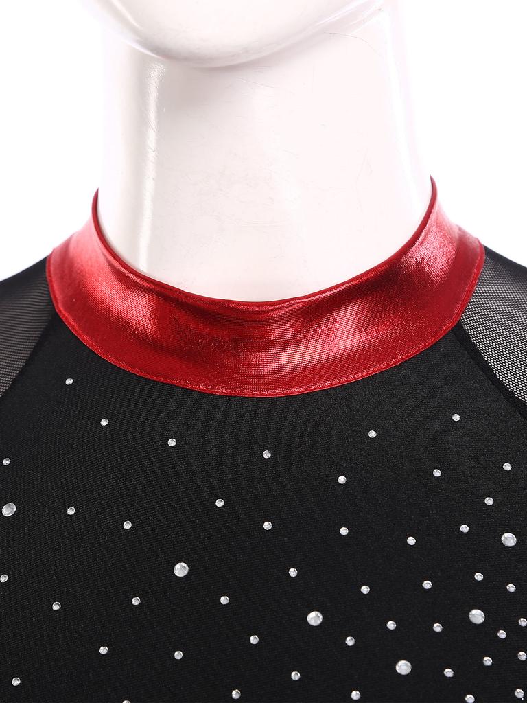 Женский гимнастический купальник - Дизайн с металлическими цветовыми блоками, воротником-стойкой, длинным рукавом и вырезом-капелькой на спине