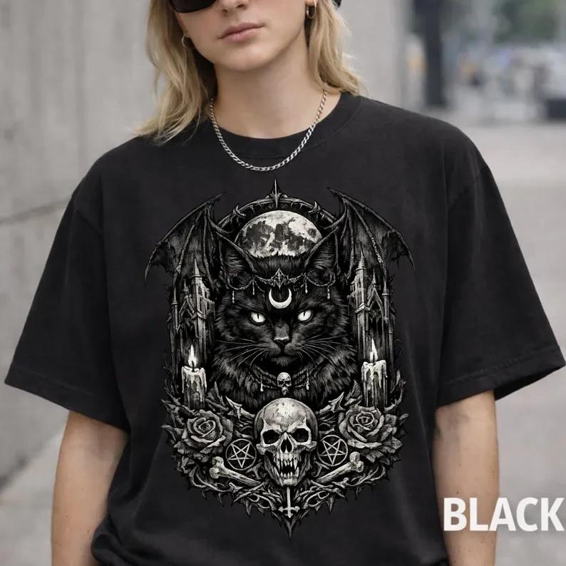 Gothic Black Cat Skull Shirt, Occult Cat Graphic Tee, Dark Aesthetic Tattoo tee