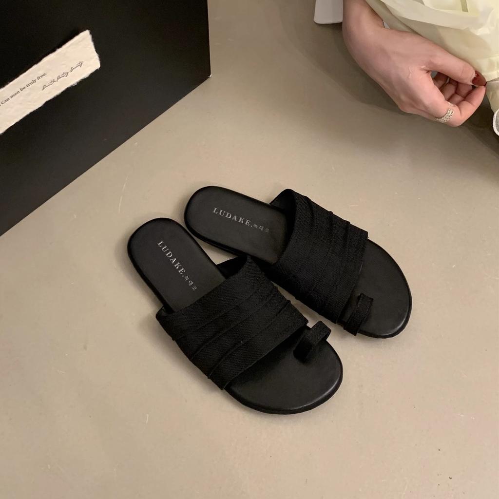 Design sense sleeve toe flat slippers women's outer wear summer new casual one-word drag temperament beach women's shoes