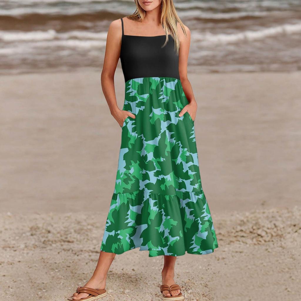 Women's Summer Spaghetti Strap Patchwork Beach Vacation Floral With Pocket Dresses