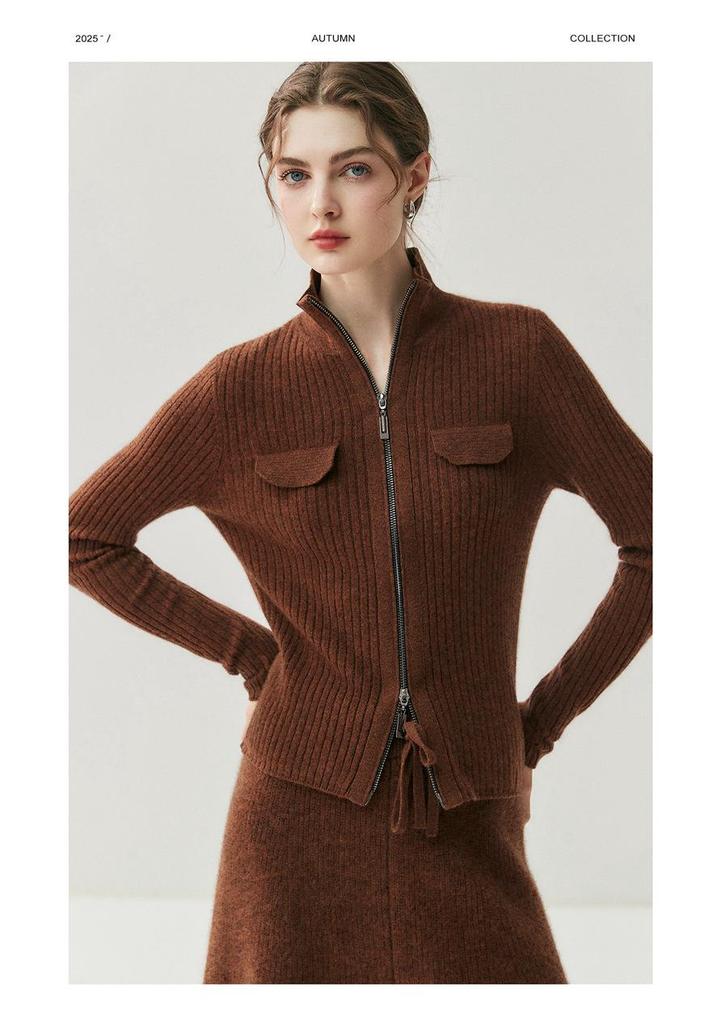 Korean Style Women's Cashmere Knit Cardigan - Slim Fit with Zipper Lapel and Long Sleeves for Versatile Wear