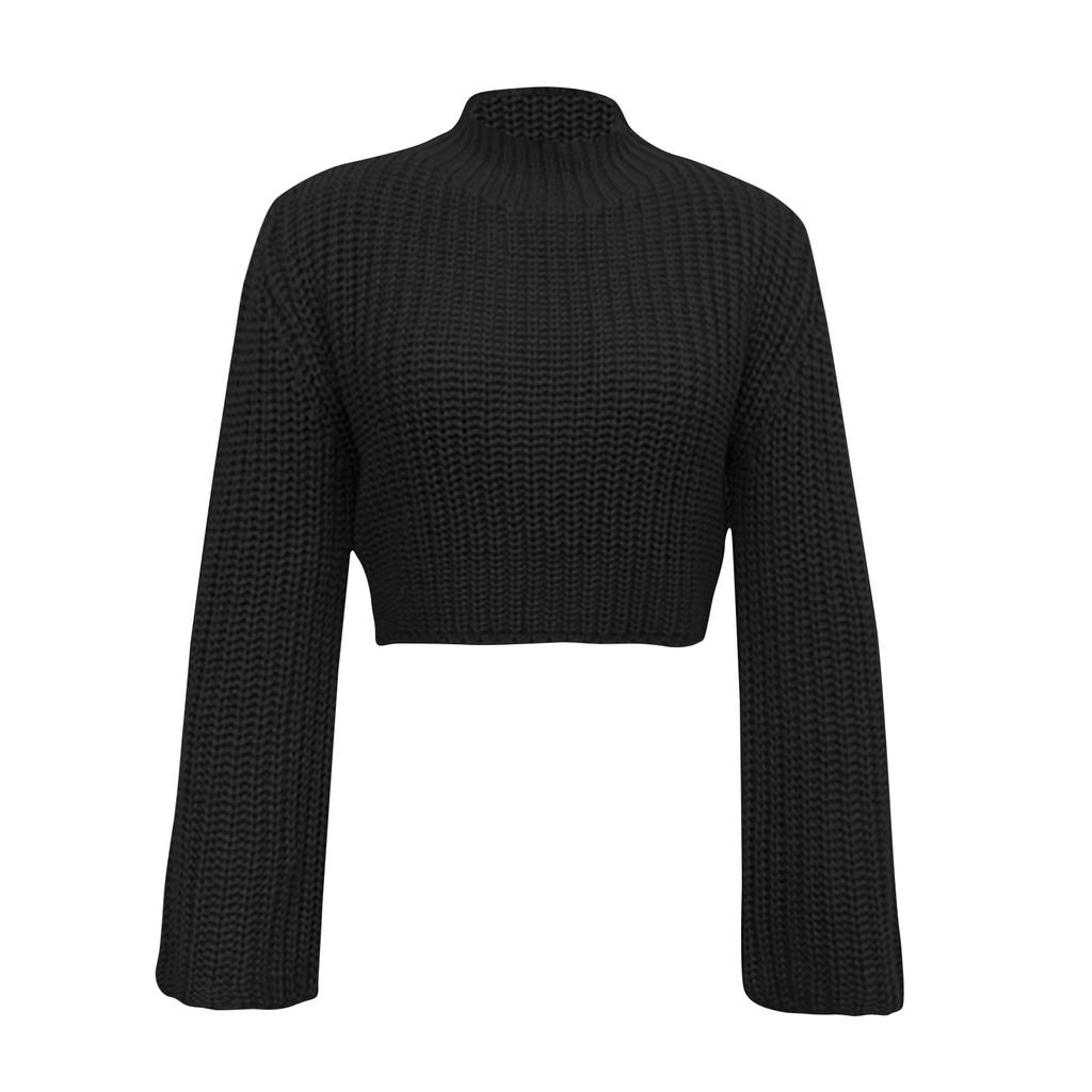 Женский осенне-зимний короткий вязаный свитер с расклешенными рукавами и полувысоким воротником-пуловером