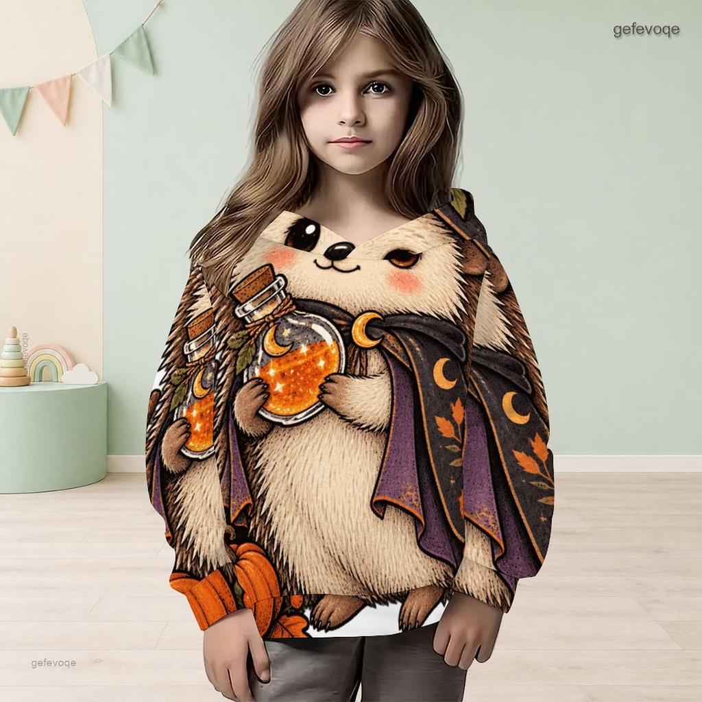 Girls Long Sleeve Hoodie Cute Cartoon Hedgehog Printed Casual Pullover Sweatshirt