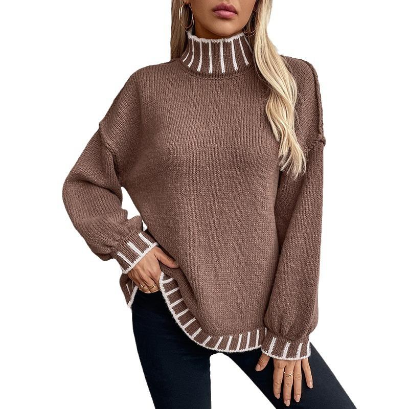 Women's Casual Long Sleeve Sweaters Turtleneck Lantern Sleeve Oversized Ribbed Knit Pullover Fall Loose Sweaters Tops for Women