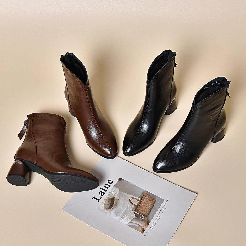 Женские ретро ботильоны Мартин с острым носком и массивным каблуком из бархата - Мягкая кожа, Универсальные для осени/зимы