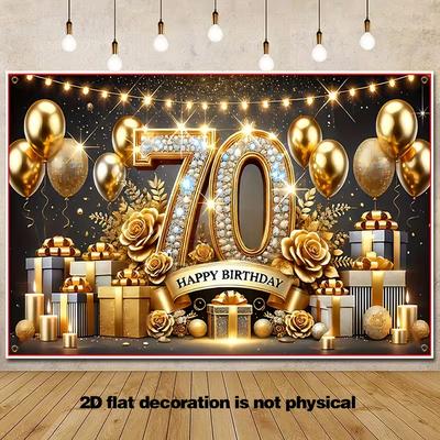 Двумерный Черно-Золотой Счастливый 70-й День Рождения Фон Блестящий Алмазный Номер 70 Баннер для Украшения Вечеринки
